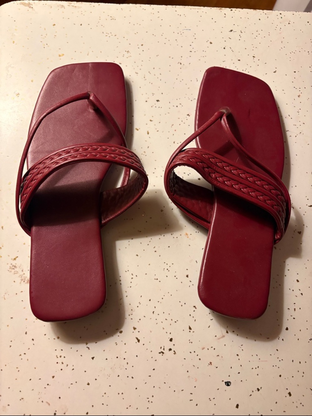 Women's Burgundy Square-Toe Braided Strap Sandals